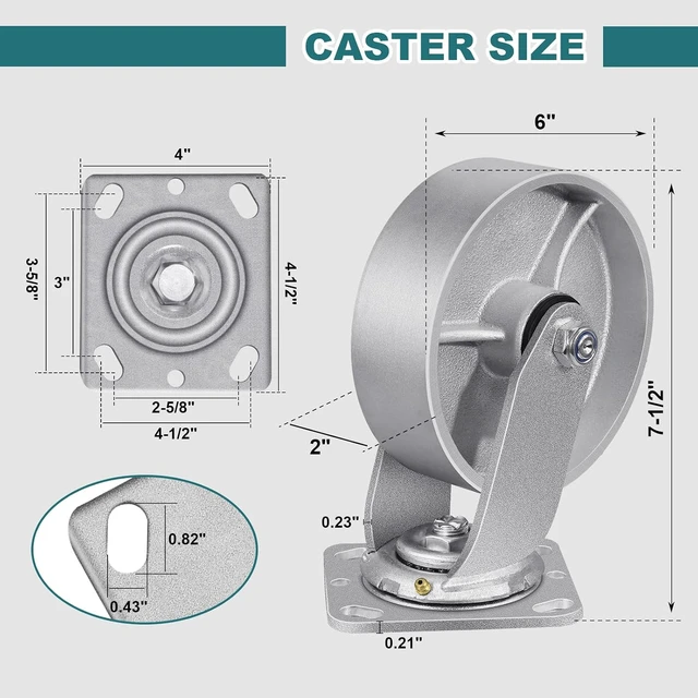Alt view image 2 of 7 - 6" x 2" Heavy Duty Industrial Casters Steel Cast Iron Wheels with Roller Bearing, 4800 LBS Capacity, Metal Casters (4 Swivel)