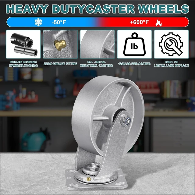 Alt view image 3 of 7 - 6" x 2" Heavy Duty Industrial Casters Steel Cast Iron Wheels with Roller Bearing, 4800 LBS Capacity, Metal Casters (4 Swivel)