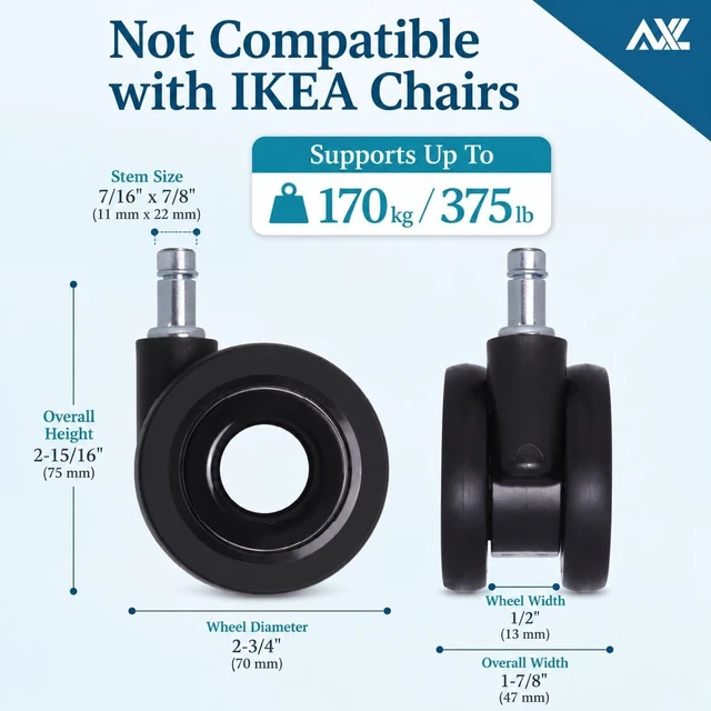 Alt view image 3 of 7 - 2.8 Inch Hubless Office Chair Wheels Silent Rolling Desk Chair Casters for Hardwood & Carpet, Smooth Glide 11x22mm Universal Fit, Set of 5 (Black)