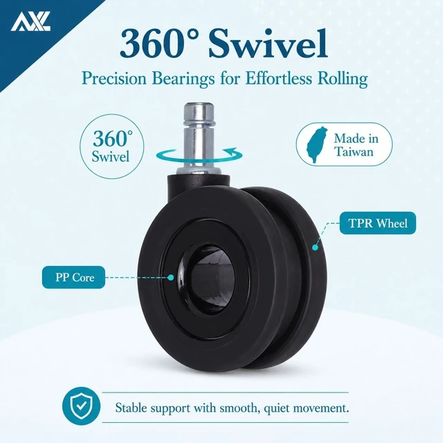 Alt view image 4 of 7 - 2.8 Inch Hubless Office Chair Wheels Silent Rolling Desk Chair Casters for Hardwood & Carpet, Smooth Glide 11x22mm Universal Fit, Set of 5 (Black)