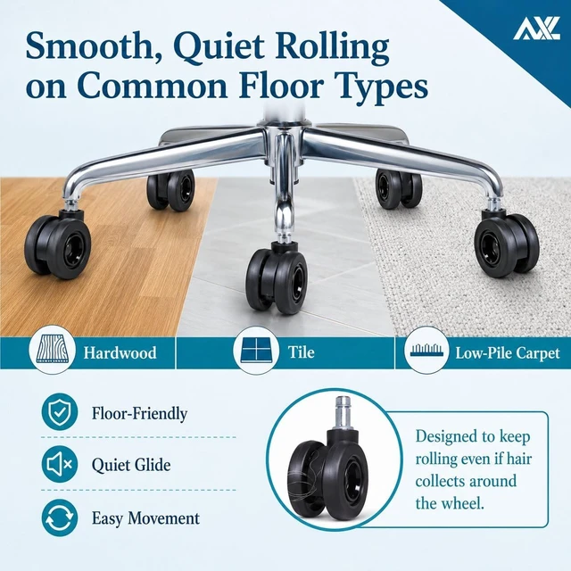 Alt view image 5 of 7 - 2.8 Inch Hubless Office Chair Wheels Silent Rolling Desk Chair Casters for Hardwood & Carpet, Smooth Glide 11x22mm Universal Fit, Set of 5 (Black)