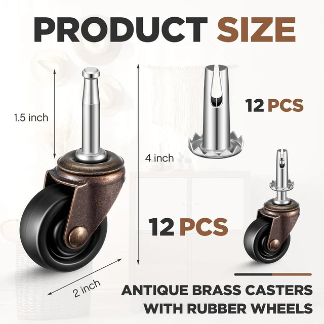 Alt view image 2 of 6 - 2" Antique Brass Furniture Casters with Rubber Wheels, 12 Set