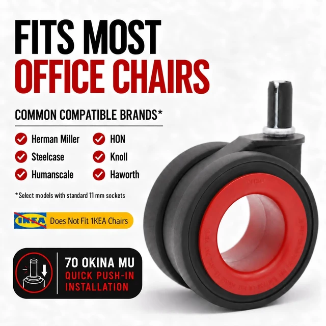 Alt view image 2 of 7 - Okina Mu Hubless Office Chair Wheels, 5-Pack, 1000lb Hardwood Casters (Red)