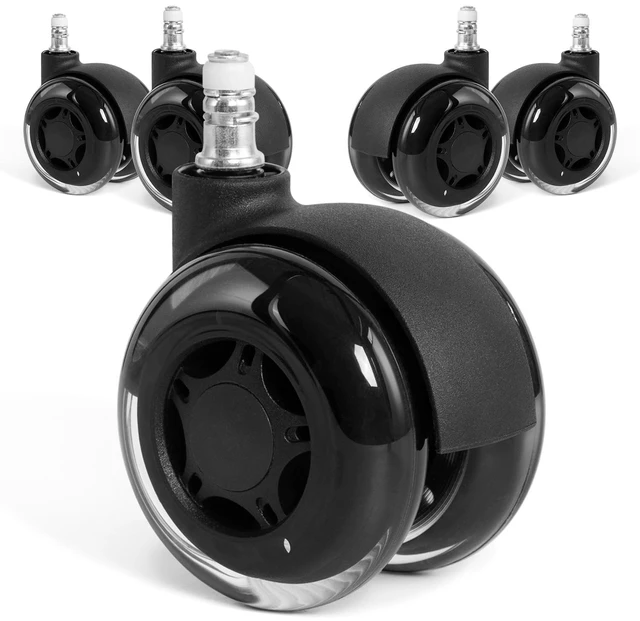 Main image of 3 Inch Double Rollerblade Office Chair Wheels Smooth & Quiet Replacement for Heavy Duty Gaming Chairs, Hardwood & Carpet, Set of 5 (Black)