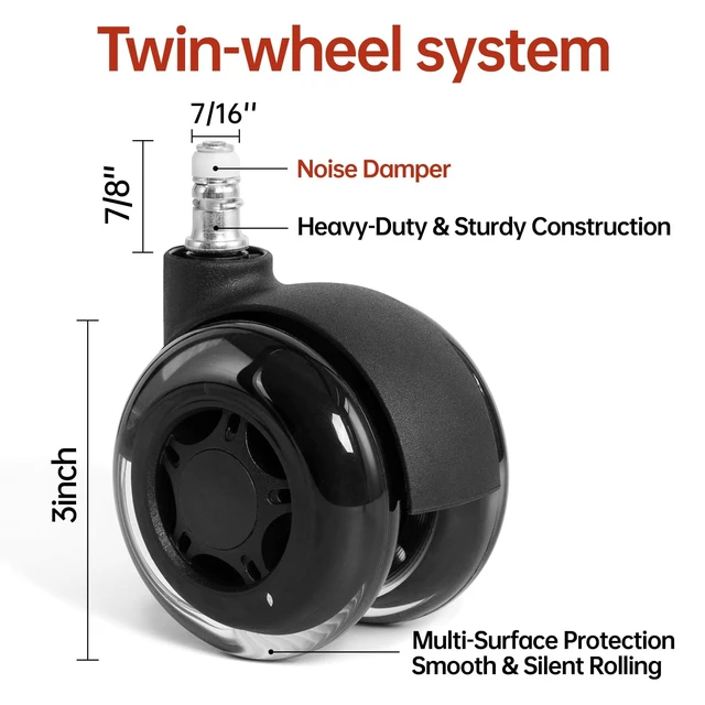 Alt view image 4 of 6 - 3 Inch Double Rollerblade Office Chair Wheels Smooth & Quiet Replacement for Heavy Duty Gaming Chairs, Hardwood & Carpet, Set of 5 (Black)