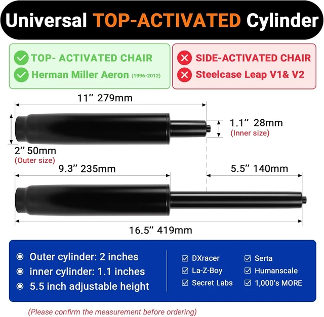 Alt view image 2 of 7 - Top-Activated Office Chair Gas Cylinder Replacement Kit, 11-16.5 Inches