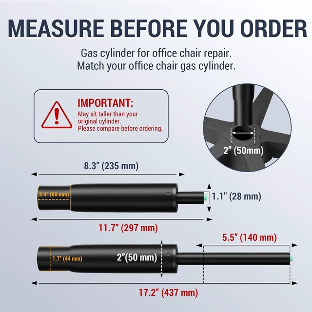 Alt view image 2 of 7 - 9-15 Inch Short Office Chair Cylinder Replacement, 5.5" Stroke, Heavy Duty 1000 lbs, Lowers Seat 2", Class 4, Fits High-Base Chairs for Short People (Sinking 2.4")