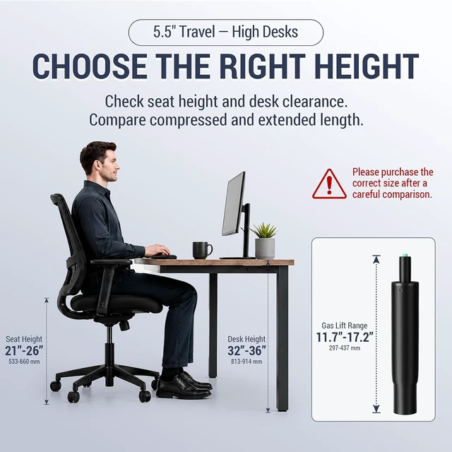 Alt view image 4 of 7 - 9-15 Inch Short Office Chair Cylinder Replacement, 5.5" Stroke, Heavy Duty 1000 lbs, Lowers Seat 2", Class 4, Fits High-Base Chairs for Short People (Sinking 2.4")