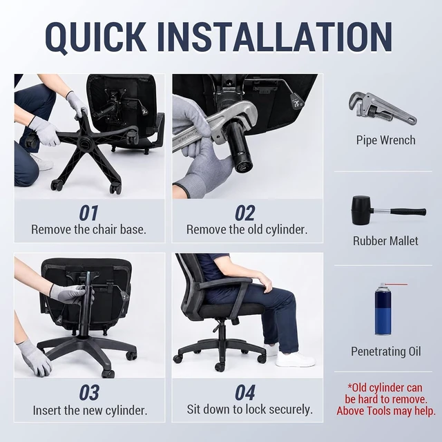 Alt view image 7 of 7 - 9-15 Inch Short Office Chair Cylinder Replacement, 5.5" Stroke, Heavy Duty 1000 lbs, Lowers Seat 2", Class 4, Fits High-Base Chairs for Short People (Sinking 2.4")