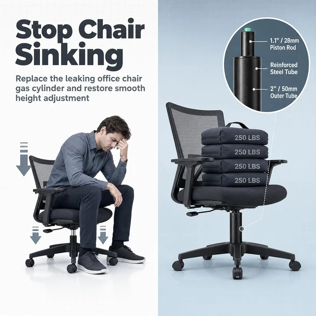 Alt view image 2 of 7 - 14-22 Inch Extra Long Office Chair Cylinder Replacement with Gloves 8" Stroke Gas Lift, Heavy Duty 1000 lbs Class 4 Hydraulic Piston, Universal Fit