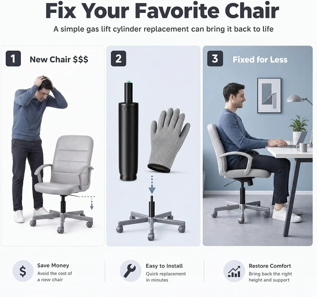 Alt view image 3 of 7 - 14-22 Inch Extra Long Office Chair Cylinder Replacement with Gloves 8" Stroke Gas Lift, Heavy Duty 1000 lbs Class 4 Hydraulic Piston, Universal Fit
