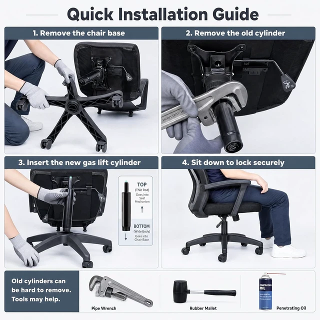 Alt view image 7 of 7 - 14-22 Inch Extra Long Office Chair Cylinder Replacement with Gloves 8" Stroke Gas Lift, Heavy Duty 1000 lbs Class 4 Hydraulic Piston, Universal Fit
