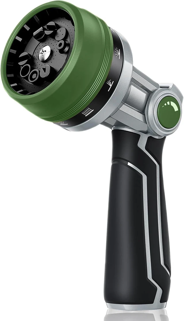 Main image of Full-Metal Heavy Duty Garden Hose Nozzle with 10 Adjustable Patterns & High Flow, Thumb Control for Watering & Washing (Dark Green)