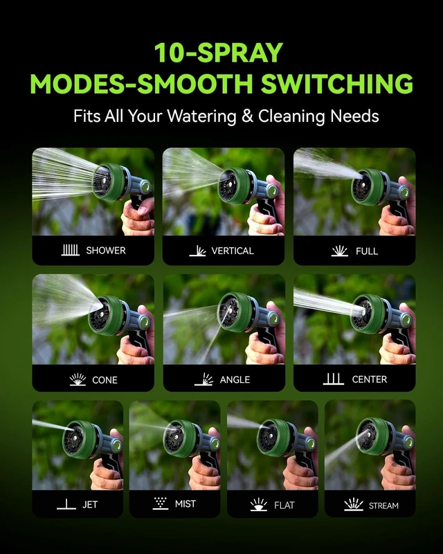 Alt view image 5 of 7 - Full-Metal Heavy Duty Garden Hose Nozzle with 10 Adjustable Patterns & High Flow, Thumb Control for Watering & Washing (Dark Green)
