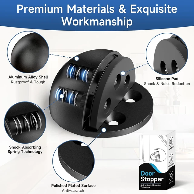 Alt view image 4 of 7 - 6 Pcs Black Aluminum Alloy Floor Door Stoppers with Spring Shock Absorption