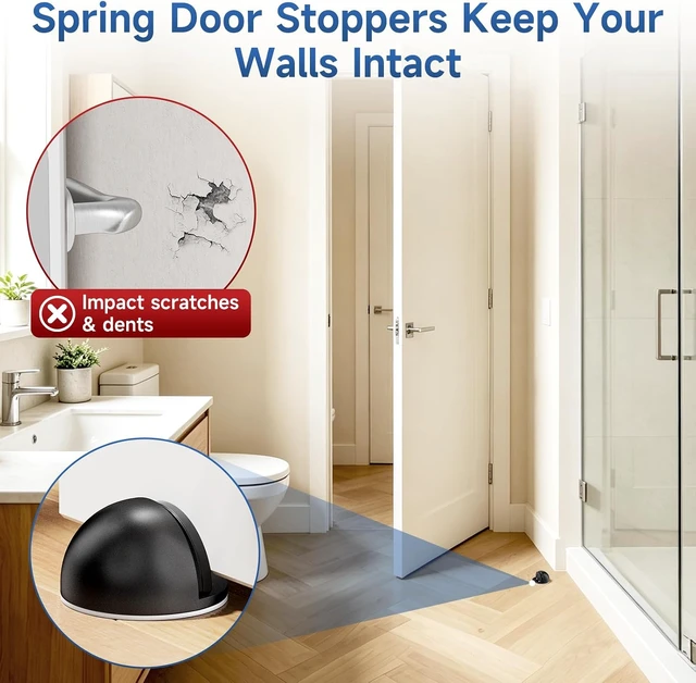 Alt view image 7 of 7 - 6 Pcs Black Aluminum Alloy Floor Door Stoppers with Spring Shock Absorption