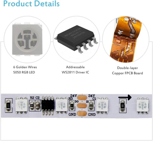 Alt view image 3 of 7 - 32.8ft 24V WS2811 Addressable RGB LED Strip Light with IC, 600 LEDs