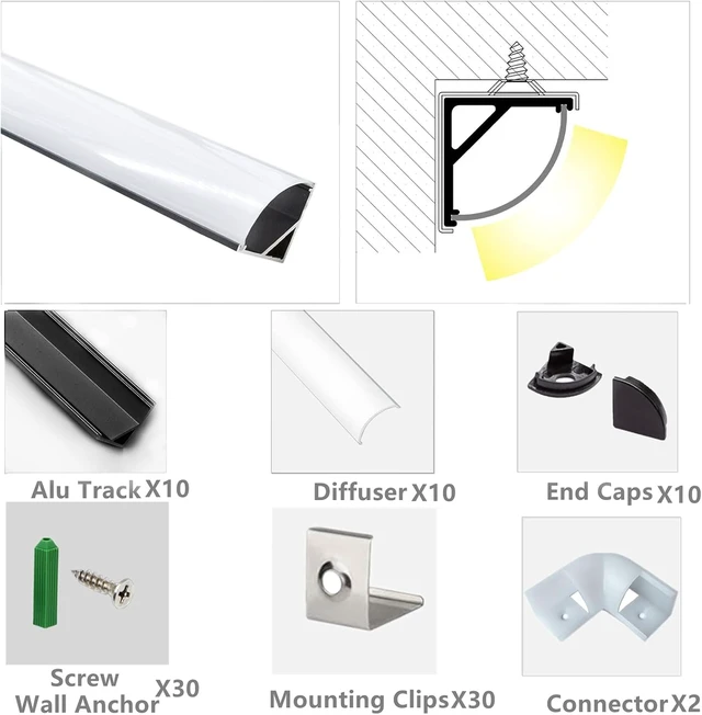 Alt view image 3 of 7 - 3.28ft V-Shape UV Resistant LED Strip Channel Diffuser, 10-Pack Aluminum Profiles with Frosted Cover & Corner Connector for Cabinet, Stairs, Wall & Outdoor (3.28FT, 10)