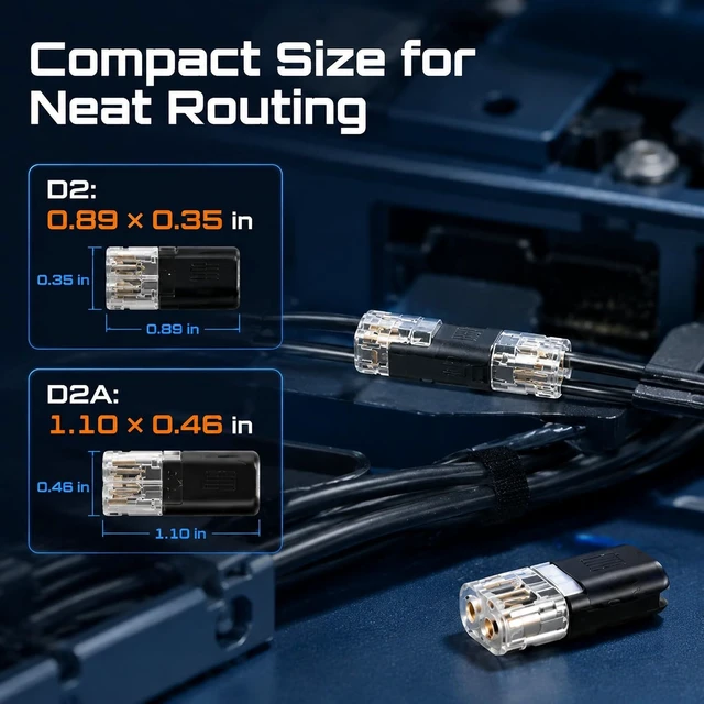 Alt view image 5 of 6 - 400 Pcs 2-Pin Wire Connector Kit D2 & D2A Plug-in Connectors, 18-22 AWG & 16-18 AWG Quick Splice with PC Insulated Housing & Copper Core for Car Lighting Wiring
