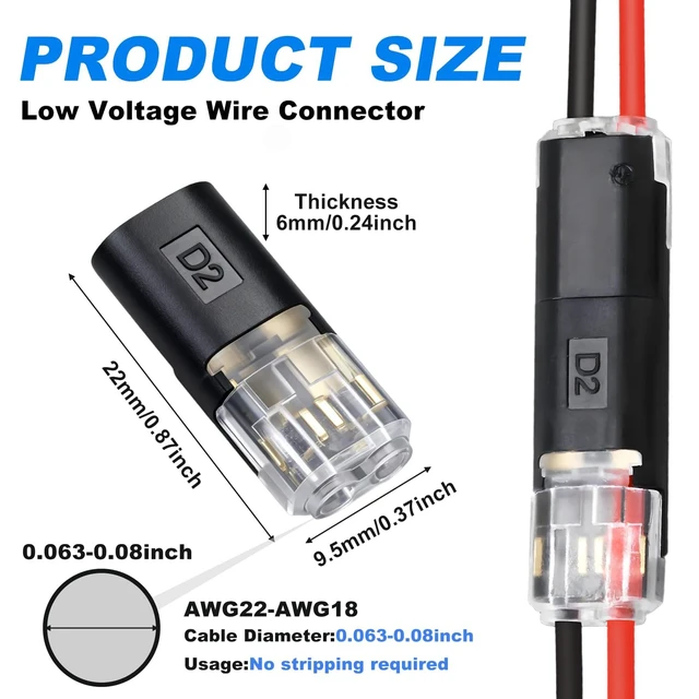 Alt view image 2 of 6 - 100 Pcs Quick Connect Wire Connectors No-Strip Double Plug-in, Reusable Low Voltage Connector with Locking Buckle for LED Strip & DIY Model Kit, 18-22 AWG