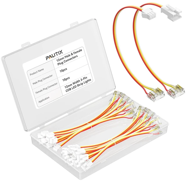 Main image of 12mm 3-Pin Extension Connectors, 20 Pcs with 20cm 20AWG Male & Female Wires, for SPI RGB Smart IC COB LED Strips, 12V/24V WS2812B WS2811 WS2812