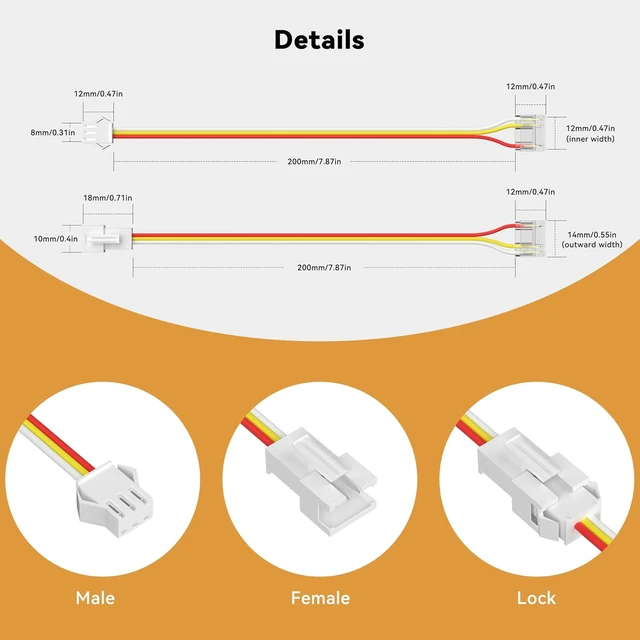 Alt view image 3 of 7 - 12mm 3-Pin Extension Connectors, 20 Pcs with 20cm 20AWG Male & Female Wires, for SPI RGB Smart IC COB LED Strips, 12V/24V WS2812B WS2811 WS2812