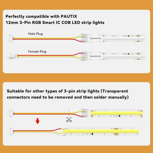 Alt view image 4 of 7 - 12mm 3-Pin Extension Connectors, 20 Pcs with 20cm 20AWG Male & Female Wires, for SPI RGB Smart IC COB LED Strips, 12V/24V WS2812B WS2811 WS2812