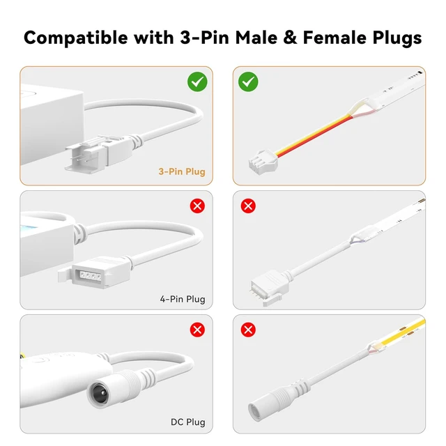 Alt view image 7 of 7 - 12mm 3-Pin Extension Connectors, 20 Pcs with 20cm 20AWG Male & Female Wires, for SPI RGB Smart IC COB LED Strips, 12V/24V WS2812B WS2811 WS2812