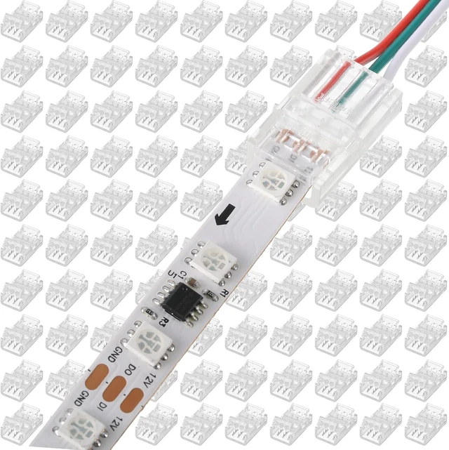 Main image of 100 Pcs 3-Pin 10mm Solderless LED Strip Connectors, Clear, for 5050 RGB Strip Light