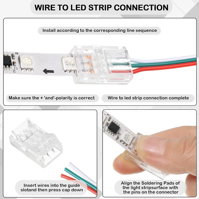 Alt view image 6 of 7 - 100 Pcs 3-Pin 10mm Solderless LED Strip Connectors, Clear, for 5050 RGB Strip Light