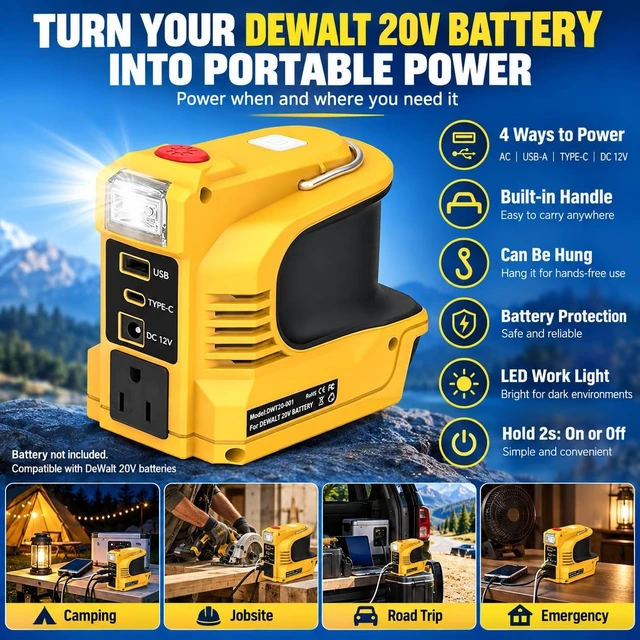 Alt view image 2 of 7 - 220W Portable Power Inverter for DeWalt 20V Battery, DC 18V to AC 110V-120V with 12V DC Output, 1 AC Outlet, USB & Type-C, 200LM LED (Tool Only)