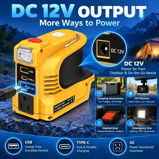 Alt view image 3 of 7 - 220W Portable Power Inverter for DeWalt 20V Battery, DC 18V to AC 110V-120V with 12V DC Output, 1 AC Outlet, USB & Type-C, 200LM LED (Tool Only)