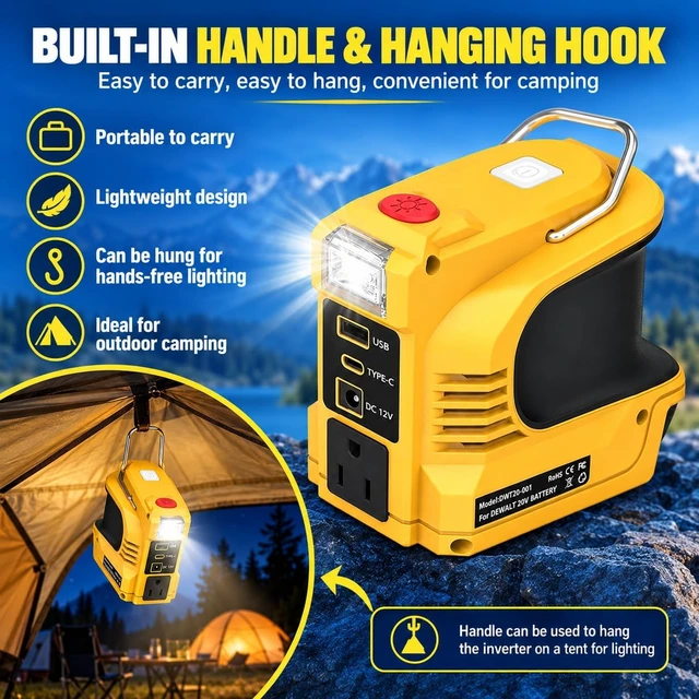 Alt view image 4 of 7 - 220W Portable Power Inverter for DeWalt 20V Battery, DC 18V to AC 110V-120V with 12V DC Output, 1 AC Outlet, USB & Type-C, 200LM LED (Tool Only)