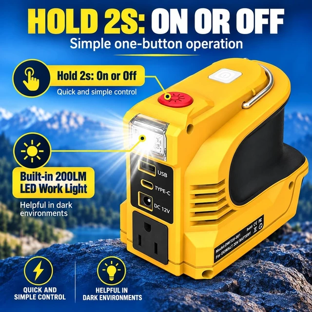 Alt view image 5 of 7 - 220W Portable Power Inverter for DeWalt 20V Battery, DC 18V to AC 110V-120V with 12V DC Output, 1 AC Outlet, USB & Type-C, 200LM LED (Tool Only)