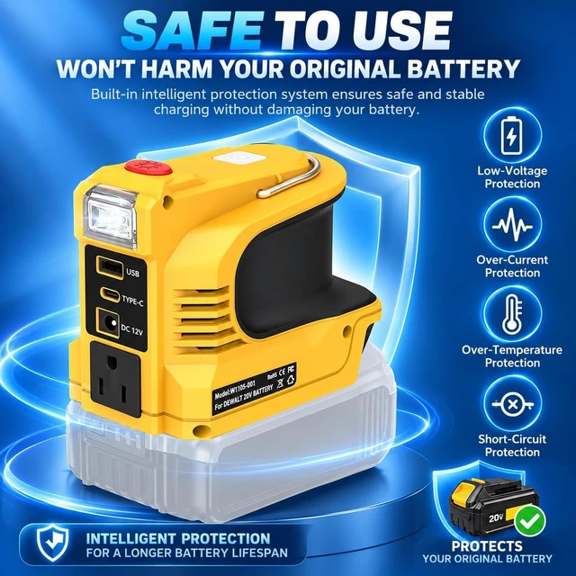 Alt view image 6 of 7 - 220W Portable Power Inverter for DeWalt 20V Battery, DC 18V to AC 110V-120V with 12V DC Output, 1 AC Outlet, USB & Type-C, 200LM LED (Tool Only)