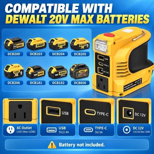 Alt view image 7 of 7 - 220W Portable Power Inverter for DeWalt 20V Battery, DC 18V to AC 110V-120V with 12V DC Output, 1 AC Outlet, USB & Type-C, 200LM LED (Tool Only)
