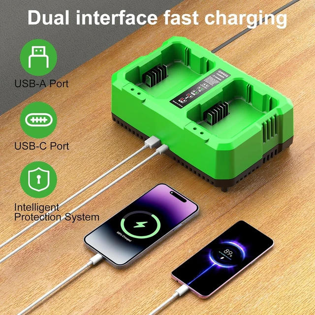 Alt view image 3 of 7 - Dual Charger for Greenworks 60V Battery Fast Simultaneous Charging Station with USB-A & Type-C Ports, Fits Greenworks Pro 60V Li-ion Battery & Cordless Tools