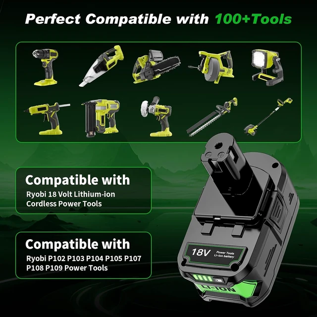 Alt view image 5 of 7 - 2-Pack 8.0Ah Ryobi 18V Battery Replacement, Compatible with Charger P117 & Batteries P108 P102 P103 P104 P105 P107 P109 P122, for Cordless Power Tools