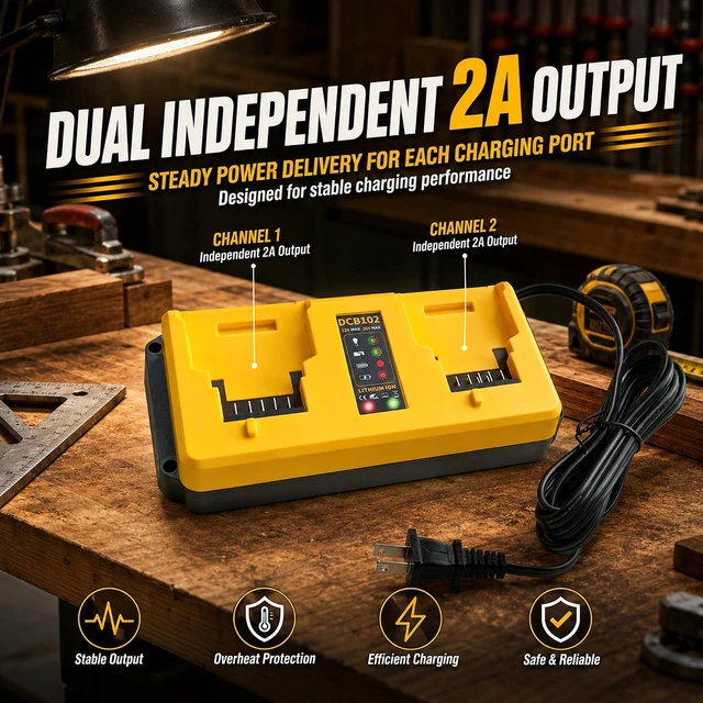 Alt view image 3 of 7 - DCB102 Dual-Port Charger Replacement for DeWalt 12V/20V MAX Lithium Battery