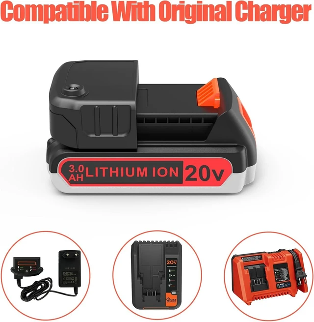 Alt view image 6 of 6 - 2 Pack 3000mAh 20V MAX Battery & Charger, Replacement for Black and Decker 20V Lithium Battery, Fits 20V Cordless Tools & Charger