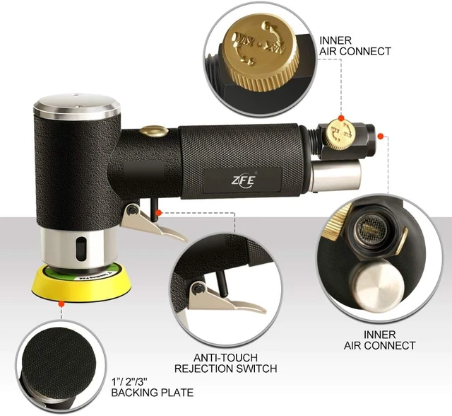 Alt view image 4 of 7 - 1/2/3 Inch Random Orbital Air Sander Mini Pneumatic Polisher for Auto Body Work with 15 Buffing Pads & 18 Sandpapers