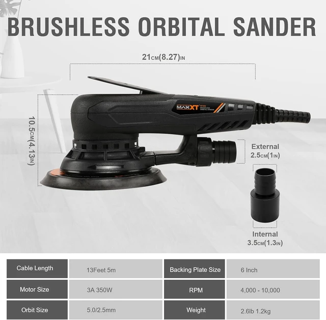 Alt view image 6 of 7 - 5mm Brushless 350W 3A Electric Random Orbital Sander Variable Speed Corded Palm Sander with 6-Inch Pad & 10 Sanding Papers for Woodworking