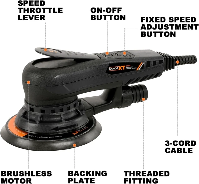 Alt view image 7 of 7 - 5mm Brushless 350W 3A Electric Random Orbital Sander Variable Speed Corded Palm Sander with 6-Inch Pad & 10 Sanding Papers for Woodworking