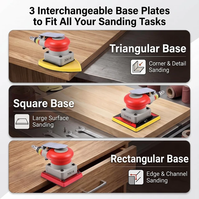 Alt view image 2 of 7 - Heavy Duty Pneumatic Sheet Sander Air Orbital Vibration Sander with 3 Sanding Pads & 8 Rectangular Hook & Loop Foam Sheets for Wood & Auto Body Work