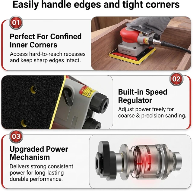 Alt view image 3 of 7 - Heavy Duty Pneumatic Sheet Sander Air Orbital Vibration Sander with 3 Sanding Pads & 8 Rectangular Hook & Loop Foam Sheets for Wood & Auto Body Work