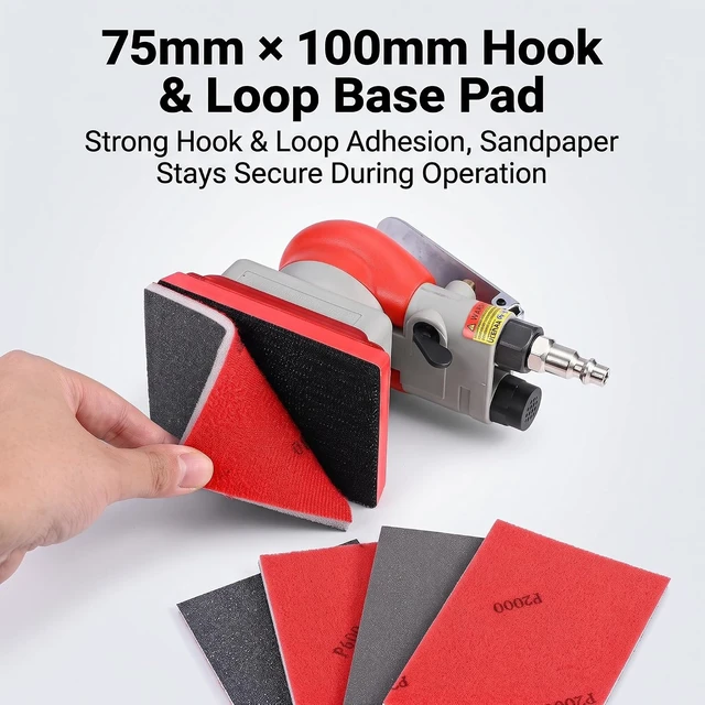 Alt view image 4 of 7 - Heavy Duty Pneumatic Sheet Sander Air Orbital Vibration Sander with 3 Sanding Pads & 8 Rectangular Hook & Loop Foam Sheets for Wood & Auto Body Work
