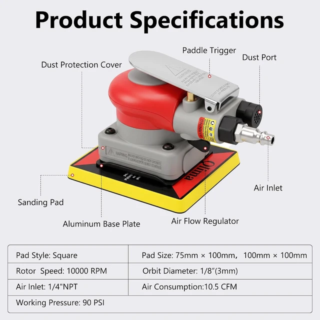 Alt view image 6 of 7 - Heavy Duty Pneumatic Sheet Sander Air Orbital Vibration Sander with 3 Sanding Pads & 8 Rectangular Hook & Loop Foam Sheets for Wood & Auto Body Work