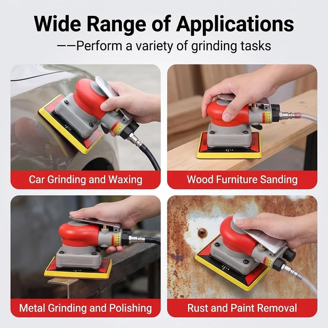 Alt view image 7 of 7 - Heavy Duty Pneumatic Sheet Sander Air Orbital Vibration Sander with 3 Sanding Pads & 8 Rectangular Hook & Loop Foam Sheets for Wood & Auto Body Work