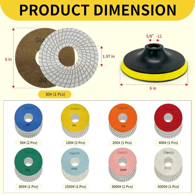 Alt view image 3 of 7 - 6 Inch Diamond Polishing Pads Kit for Tile & Stone Sanding