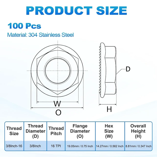 Alt view image 2 of 7 - 100 Pcs 3/8-16 UNC Serrated Flange Hex Nuts, 304 SS